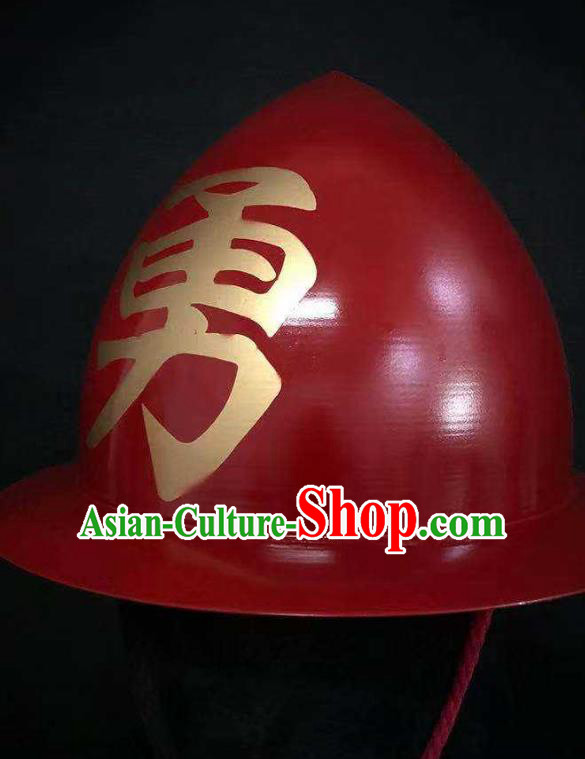 Traditional Chinese Ming Dynasty General Red Armor Hat Headpiece Ancient Warrior Iron Helmet for Men