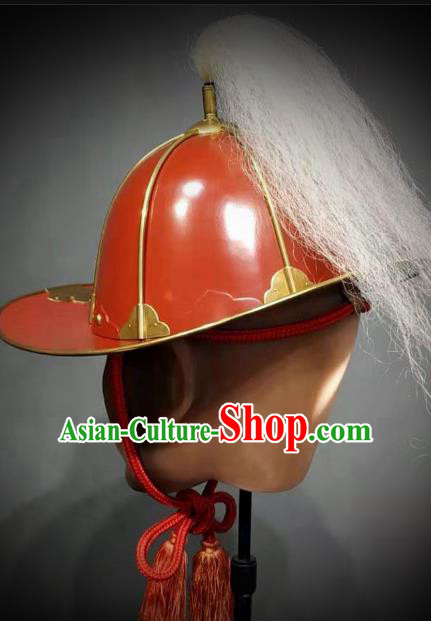 Traditional Chinese Ming Dynasty General Armor Hat Headpiece Ancient Warrior Red Lacquer Iron Helmet for Men