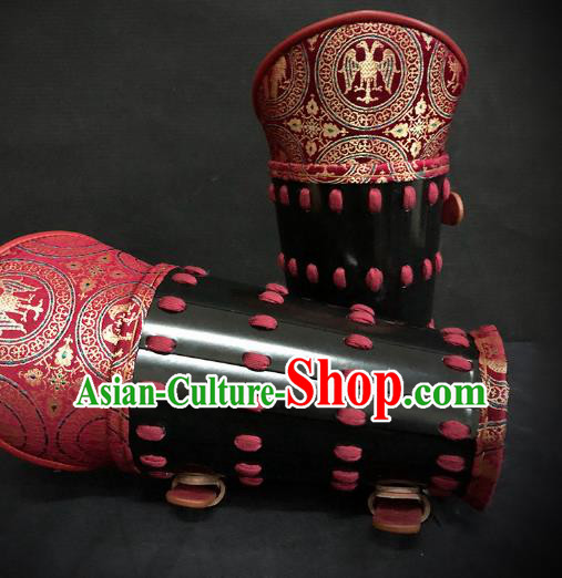 Traditional Chinese Ming Dynasty Infantry Warrior Red Brocade Wrist Guard Wristband Armor Ancient Soldier Leather Wristlets for Men