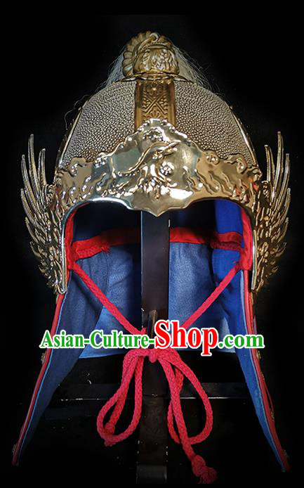 Traditional Chinese Ming Dynasty General Armor Roc Hat Headpiece Ancient Warrior Iron Helmet for Men