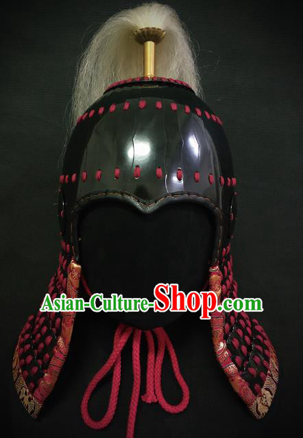 Traditional Chinese Tang Dynasty General Black Armor Hat Headpiece Ancient Soldier Warrior Armet Iron Helmet for Men