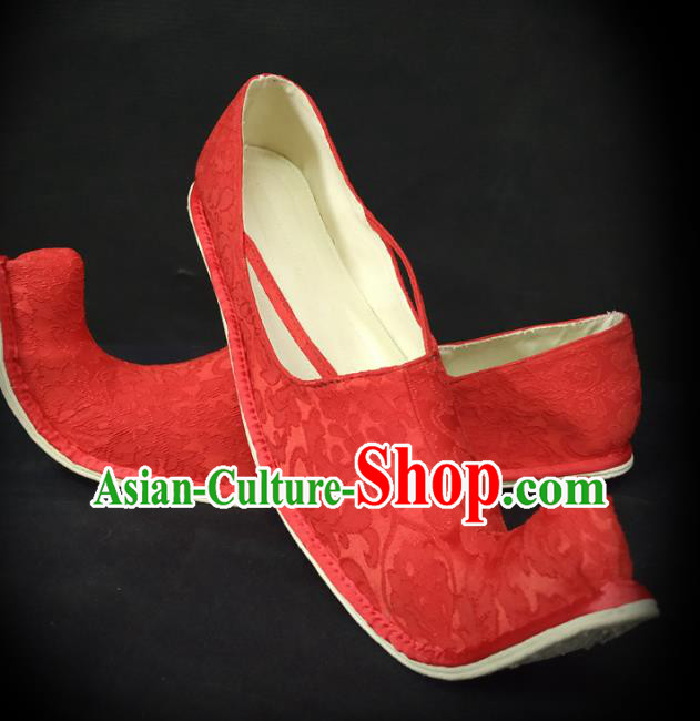 Traditional Chinese Han Dynasty Princess Red Satin Shoes Ancient Court Woman Brocade Hanfu Shoes Cloth Shoes