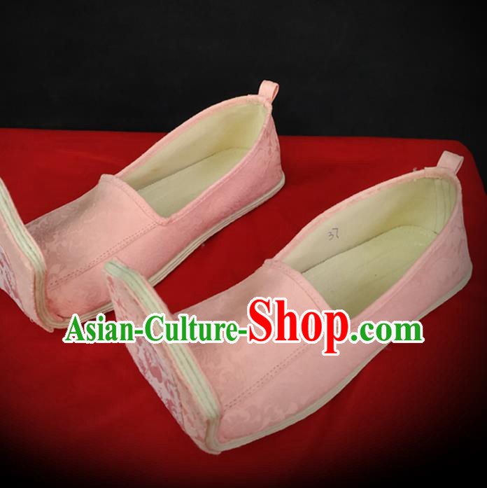 Traditional Chinese Han Dynasty Princess Pink Satin Shoes Ancient Court Woman Brocade Hanfu Shoes Cloth Shoes