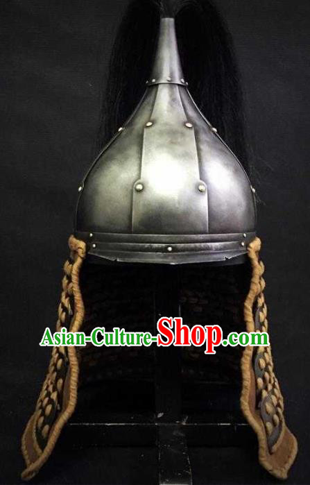 Traditional Chinese Yuan Dynasty General Armor Hat Headpiece Ancient Soldier Warrior Armet Iron Helmet for Men