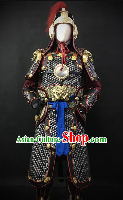 Traditional Chinese Ming Dynasty Soldier Body Armor Outfits Ancient Infantry General Copper Costumes and Helmet Full Set