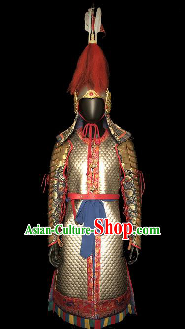 Traditional Chinese Ming Dynasty Imperial Bodyguard Golden Body Armor Outfits Ancient Film General Iron Costumes and Helmet Full Set