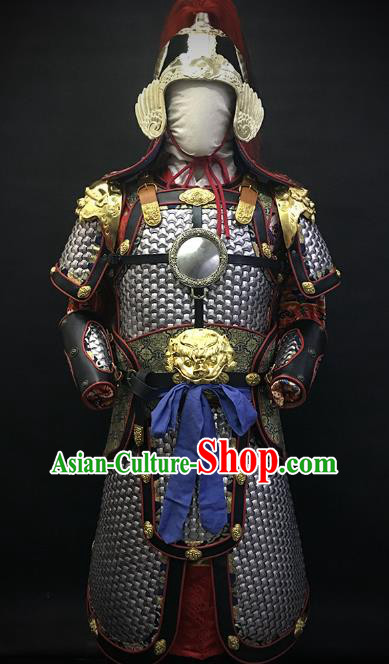 Traditional Chinese Ming Dynasty Military Officer Body Armor Outfits Ancient Film General Iron Costumes and Helmet Full Set