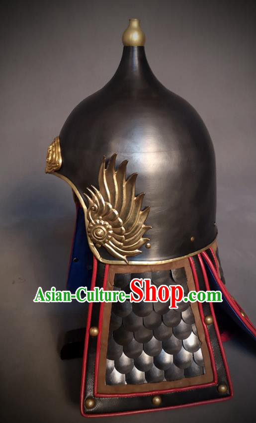 Traditional Chinese Ming Dynasty General Black Armor Hat Headpiece Ancient Soldier Warrior Armet Iron Phoenix Wings Helmet for Men