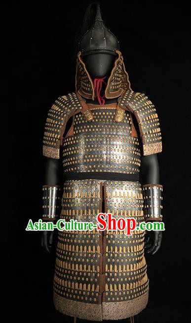 Traditional Chinese Yuan Dynasty Military Officer Body Armor Outfits Ancient Film General Iron Costumes and Helmet Full Set