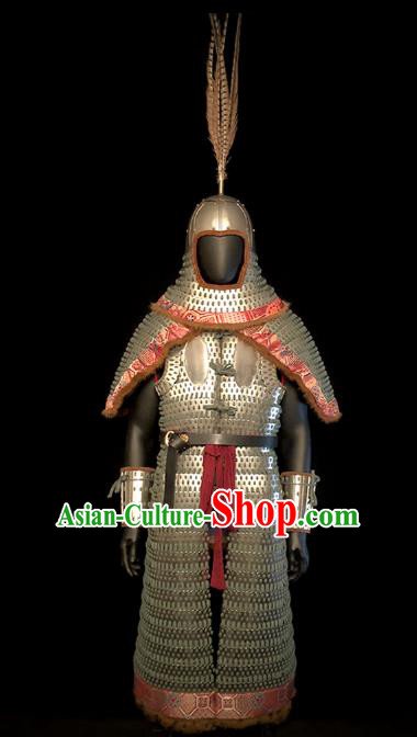 Traditional Chinese Song Dynasty Military Officer Body Armor Outfits Ancient Film Liao State General Iron Costumes and Helmet Full Set