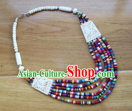 Chinese Traditional Tibetan Nationality Colorful Beads Necklet Pendant Decoration Zang Ethnic Handmade Ox Bone Necklace Jewelry Accessories for Women