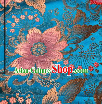 Asian Chinese Traditional Flowers Pattern Design Blue Brocade Silk Fabric Cheongsam Tapestry Satin Material DIY Damask