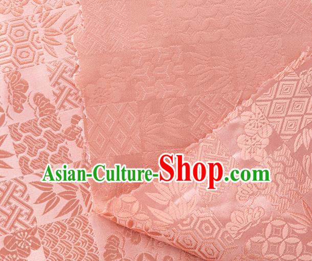 Japanese Traditional Bamboo Leaf Coppor Pattern Design Light Pink Brocade Fabric Silk Material Traditional Asian Japan Kimono Dress Satin Tapestry