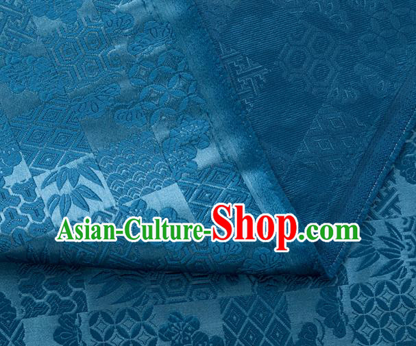 Japanese Traditional Bamboo Leaf Coppor Pattern Design Deep Blue Brocade Fabric Silk Material Traditional Asian Japan Kimono Dress Satin Tapestry