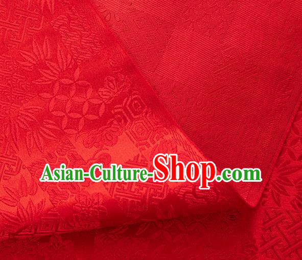 Japanese Traditional Bamboo Leaf Coppor Pattern Design Red Brocade Fabric Silk Material Traditional Asian Japan Kimono Dress Satin Tapestry