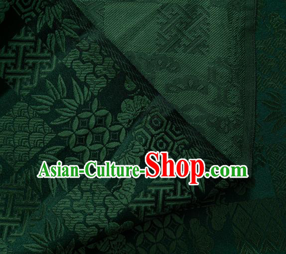 Japanese Traditional Bamboo Leaf Coppor Pattern Design Dark Green Brocade Fabric Silk Material Traditional Asian Japan Kimono Dress Satin Tapestry