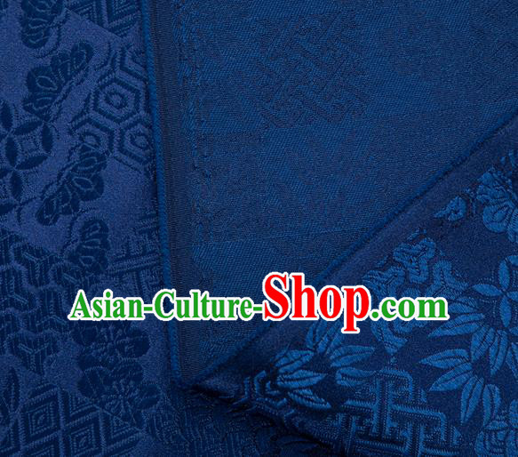 Japanese Traditional Bamboo Leaf Coppor Pattern Design Navy Blue Brocade Fabric Silk Material Traditional Asian Japan Kimono Dress Satin Tapestry