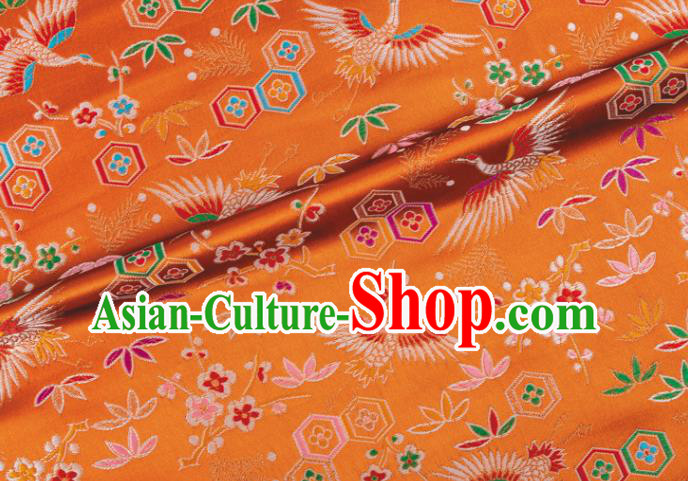Japanese Traditional Crane Plum Pattern Design Orange Brocade Nishijin Fabric Silk Material Traditional Asian Japan Kimono Tapestry Satin
