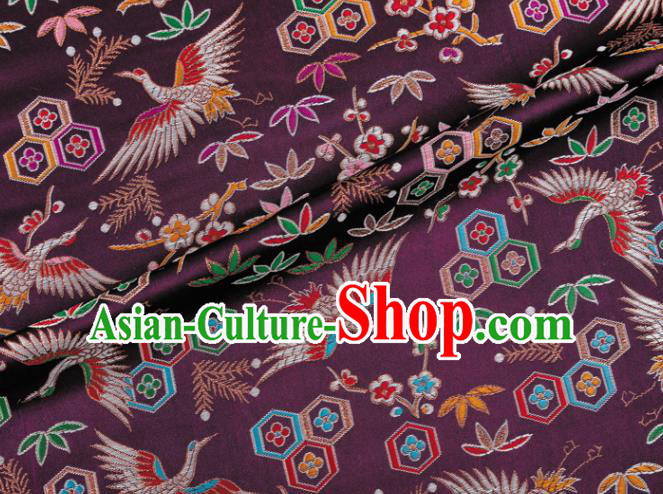 Japanese Traditional Crane Plum Pattern Design Purple Brocade Nishijin Fabric Silk Material Traditional Asian Japan Kimono Tapestry Satin