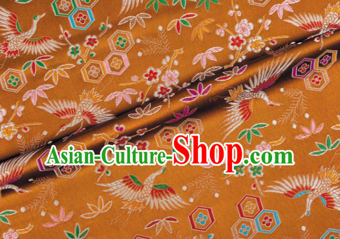 Japanese Traditional Crane Plum Pattern Design Brown Brocade Nishijin Fabric Silk Material Traditional Asian Japan Kimono Tapestry Satin