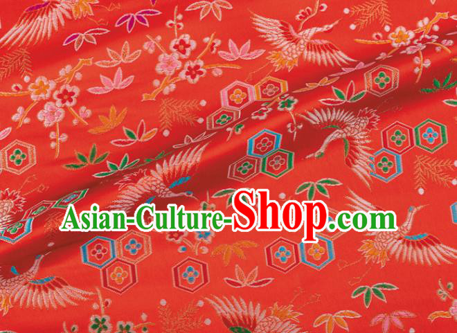 Japanese Traditional Crane Plum Pattern Design Red Brocade Nishijin Fabric Silk Material Traditional Asian Japan Kimono Tapestry Satin