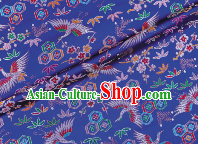 Japanese Traditional Crane Plum Pattern Design Deep Blue Brocade Nishijin Fabric Silk Material Traditional Asian Japan Kimono Tapestry Satin