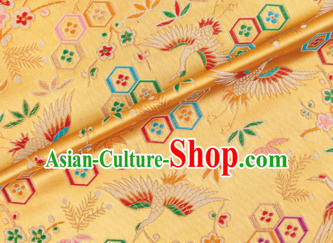 Japanese Traditional Crane Plum Pattern Design Yellow Brocade Nishijin Fabric Silk Material Traditional Asian Japan Kimono Tapestry Satin
