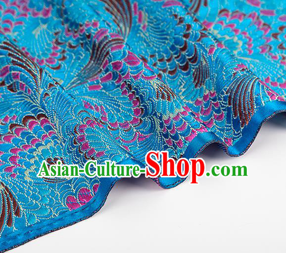 Chinese Classical Phoenix Tail Pattern Design Blue Brocade Silk Fabric Tapestry Material Asian Traditional DIY Tang Suit Satin Damask