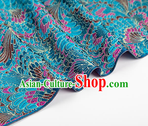 Chinese Classical Phoenix Tail Pattern Design Lake Blue Brocade Silk Fabric Tapestry Material Asian Traditional DIY Tang Suit Satin Damask