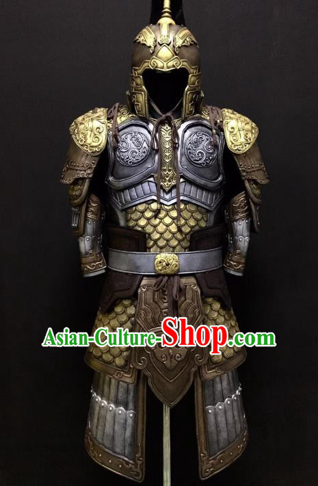 Traditional Chinese Han Dynasty Military Officer Body Armor Outfits Ancient Film General Armour Costumes and Helmet Full Set