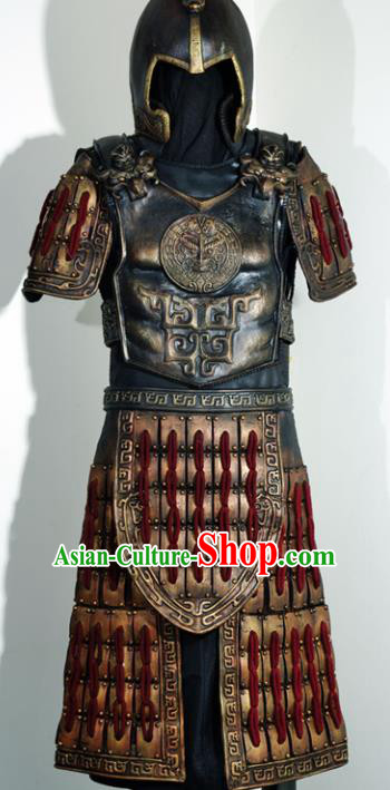 Traditional Chinese Han Dynasty Soldier Body Armor Outfits Ancient Film Military Officer Armour Warrior Costumes and Helmet Full Set