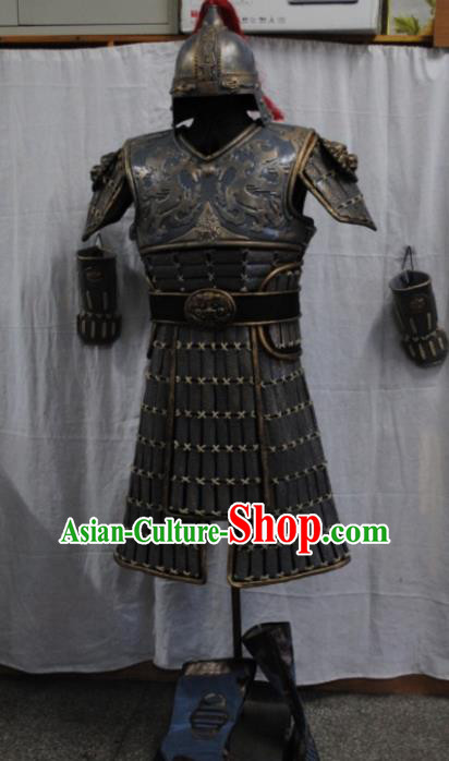 Traditional Chinese Han Dynasty Warrior Body Armor Outfits Ancient Film Soldier Armour Costumes and Headwear Full Set