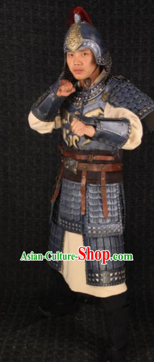 Traditional Chinese Han Dynasty Body Armor Outfits Ancient Film Warrior Armour General Costumes and Headwear Full Set