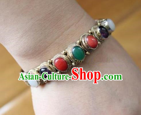 Chinese Traditional Tibetan Nationality Silver Bracelet Jewelry Accessories Decoration Handmade Zang Ethnic Colorful Gems Bangle for Women