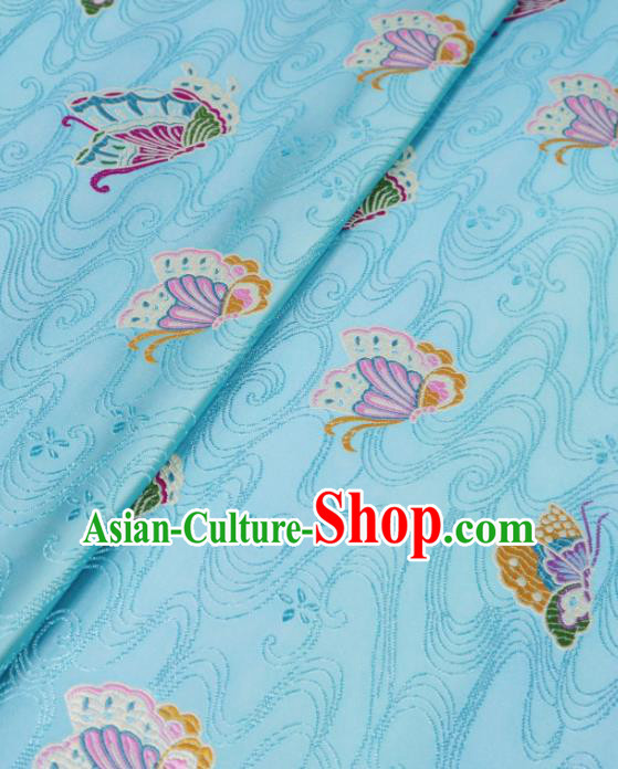 Asian Chinese Traditional Butterfly Pattern Design Light Blue Brocade Silk Fabric Tang Suit Tapestry Wedding Dress Material