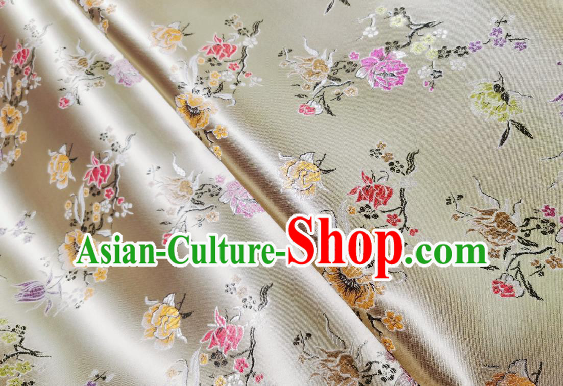 Asian Chinese Traditional Pomegranate Flowers Pattern Design White Brocade Silk Fabric Tang Suit Tapestry Satin Material