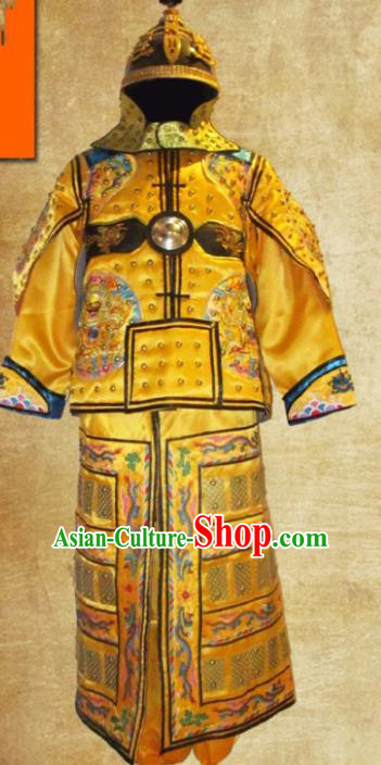 Traditional Chinese Qing Dynasty Emperor Golden Body Armor Outfits Ancient Film Manchu General Armour Costumes and Headwear Full Set