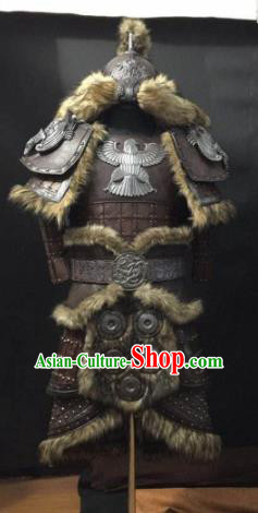 Traditional Chinese Yuan Dynasty Warrior Body Armor Outfits Ancient Film General Fur Armour Costumes and Headwear Full Set