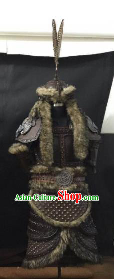 Traditional Chinese Song Dynasty Warrior Body Armor Outfits Ancient Film Liao Dynasty General Fur Armour Costumes and Headwear Full Set