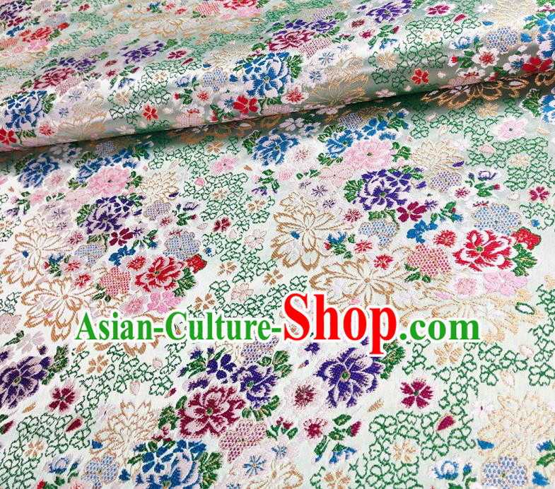 Japanese Traditional Sakura Peony Pattern Design Light Green Nishijin Brocade Fabric Silk Material Traditional Asian Japan Kimono Satin Tapestry