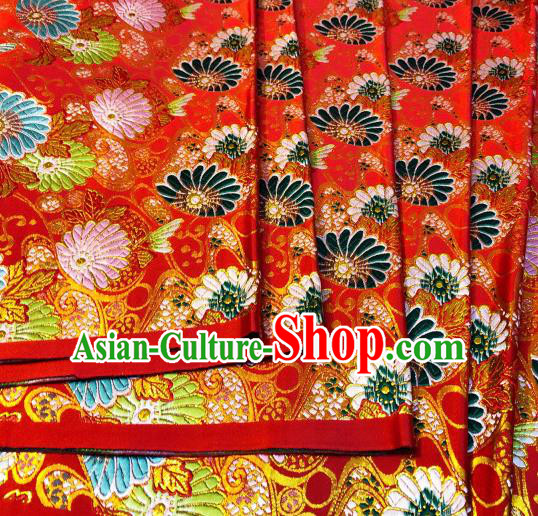 Japanese Traditional Daisy Pattern Design Red Nishijin Brocade Fabric Silk Material Traditional Asian Japan Kimono Satin Tapestry