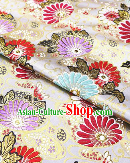 Japanese Traditional Daisy Pattern Design White Nishijin Brocade Fabric Silk Material Traditional Asian Japan Kimono Satin Tapestry