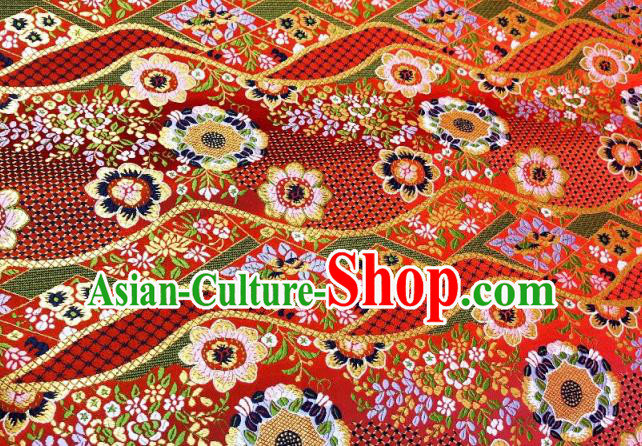 Japanese Traditional Flow Flowers Pattern Design Red Nishijin Brocade Fabric Silk Material Traditional Asian Japan Kimono Dress Satin Tapestry