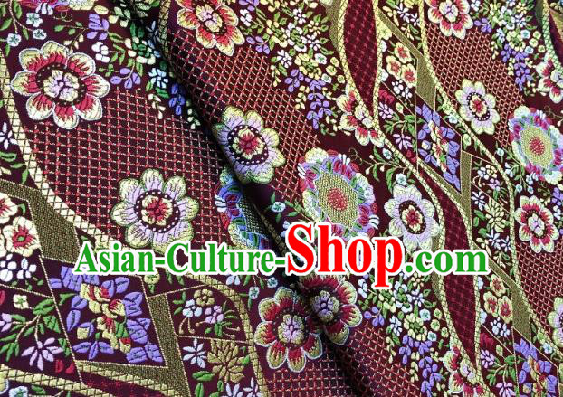 Japanese Traditional Flow Flowers Pattern Design Purplish Red Nishijin Brocade Fabric Silk Material Traditional Asian Japan Kimono Dress Satin Tapestry