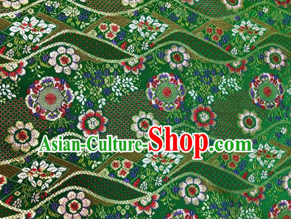 Japanese Traditional Flow Flowers Pattern Design Green Nishijin Brocade Fabric Silk Material Traditional Asian Japan Kimono Dress Satin Tapestry