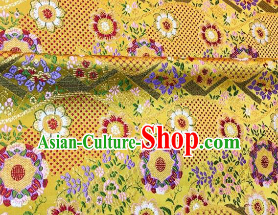 Japanese Traditional Flow Flowers Pattern Design Yellow Nishijin Brocade Fabric Silk Material Traditional Asian Japan Kimono Dress Satin Tapestry