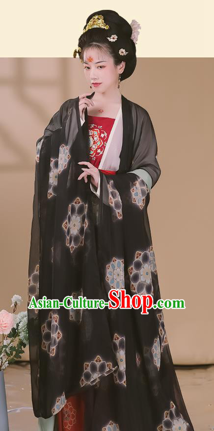 Chinese Ancient Tang Dynasty Court Woman Hanfu Garment Imperial Concubine Black Chiffon Cloak Blouse Camisole and Skirt Costumes Full Set