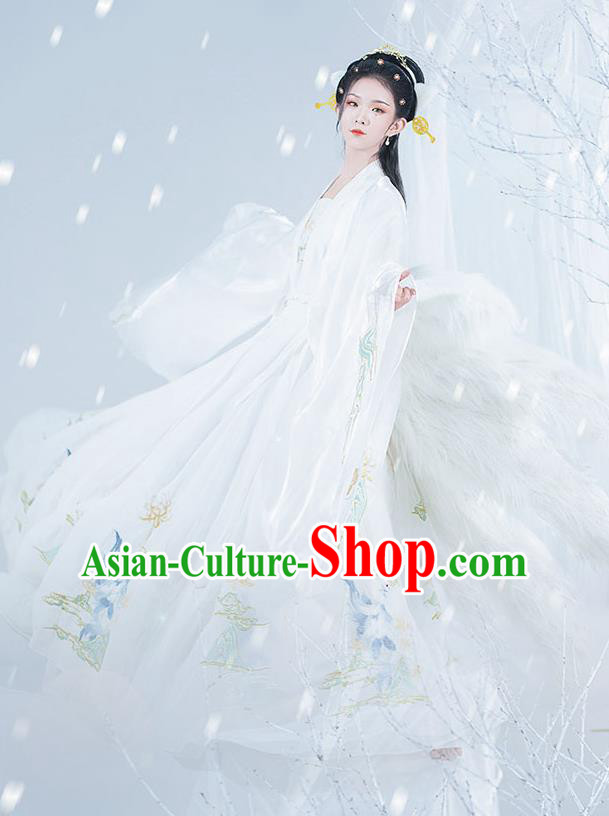 Chinese Ancient Noble Lady Hanfu Garment Costumes Tang Dynasty Royal Princess Cape Blouse Sun Top and Embroidered White Skirt Complete Set