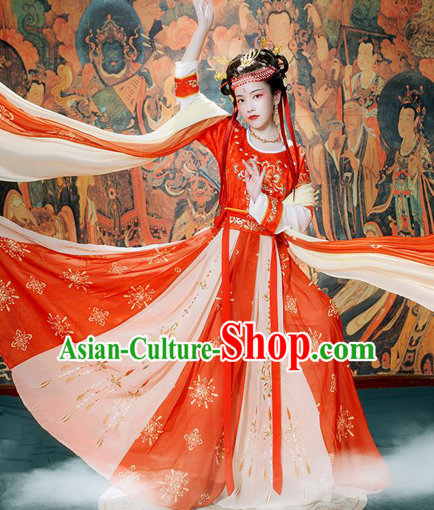 Chinese Ancient Flying Apsaras Goddess Hanfu Garment Costumes Tang Dynasty Court Lady Dance Half Sleeved Top Blouse and Skirt Complete Set