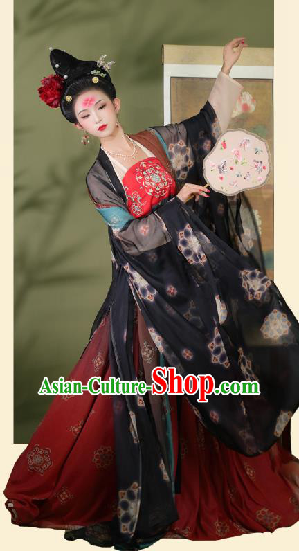 Chinese Ancient Tang Dynasty Imperial Concubine Hanfu Garment Palace Lady Chiffon Cloak Blouse and Red Dress Costumes Full Set